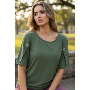 A.U.W Olive Green Grommet Sleeve Top Size M Modern Minimalist Blouse